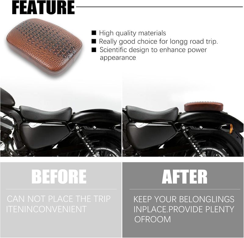 DREAMIZER Motorcycle Rectangular Pillion Passenger Pad Seat Universal Crocodile Style Brown Solo Seat Leather Pillon 8 Cushion Compatible with Most of the Harley Motorcycle,Cruiser,Chopper,Custom - Image 3